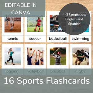 Sportflitskaarten, montessorimateriaal, echte foto's, homeschool-flashkaarten in het Engels en Spaans, kleuterschool, speelgoed, afdrukbare pdf-kaarten