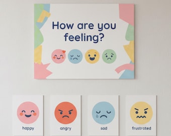 Känslomässiga ansiktskort, utskrivbara känslor för förskola, känslodiagram, social-emotionell inlärning, känsloreglering