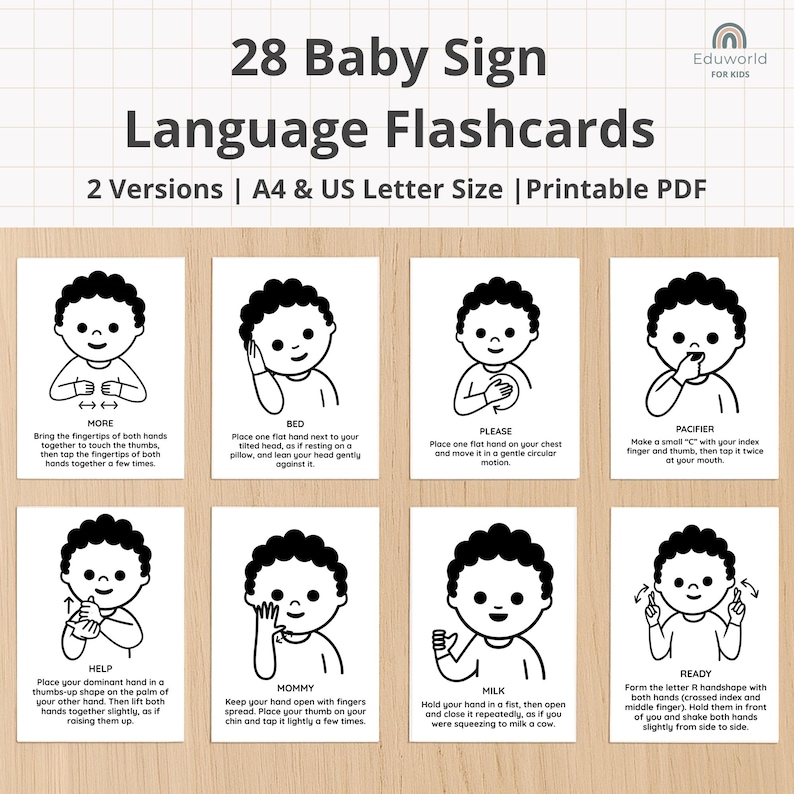 May include: A set of 28 Baby Sign Language Flashcards with illustrations and instructions. The cards are in black and white and feature drawings of a baby demonstrating various signs, such as "More," "Bed," and "Please."