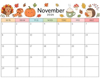Printable November 2026 Calendar, Editable Calendar, Thanksgiving, School Calendar, Homeschool Calendar, Back to School