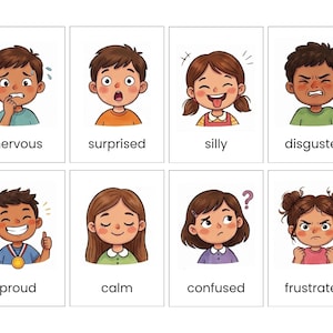 May include: A set of eight rectangular cards featuring cartoon illustrations of children expressing various emotions, each labeled with the corresponding text: nervous, surprised, silly, disgusted, proud, calm, confused, and frustrated.