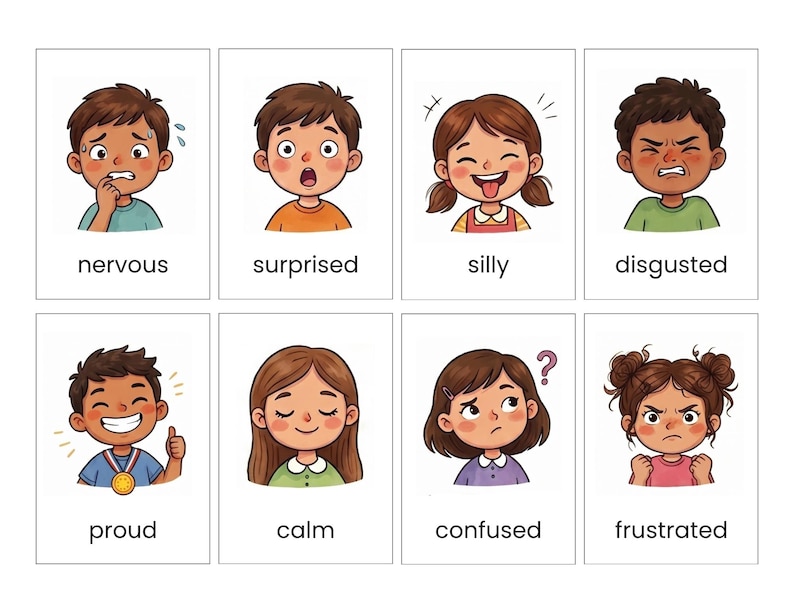 May include: A set of eight rectangular cards featuring cartoon illustrations of children expressing various emotions, each labeled with the corresponding text: nervous, surprised, silly, disgusted, proud, calm, confused, and frustrated.