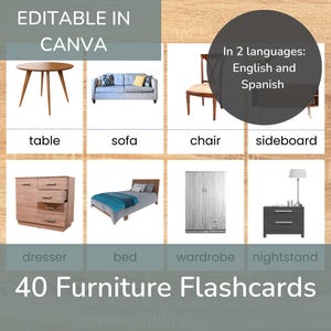 Tarjetas didácticas de muebles, materiales Montessori, imágenes reales, imprimibles para educación en casa en inglés y español, tarjetas imprimibles en PDF para preescolar.