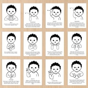 May include: A set of twelve flashcards with black line drawings demonstrating American Sign Language (ASL) signs. Each card features a stick figure and instructions for signs like "Ball," "Grandma," and "Daddy."