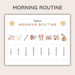 Puede incluir: Un cuadro de rutina matutina imprimible con el texto "MORNING ROUTINE" y "Taylor's MORNING ROUTINE". El cuadro incluye ilustraciones para despertar, usar el ba&ntilde;o, cepillarse los dientes, vestirse, peinarse, desayunar, preparar el almuerzo y estar listo.