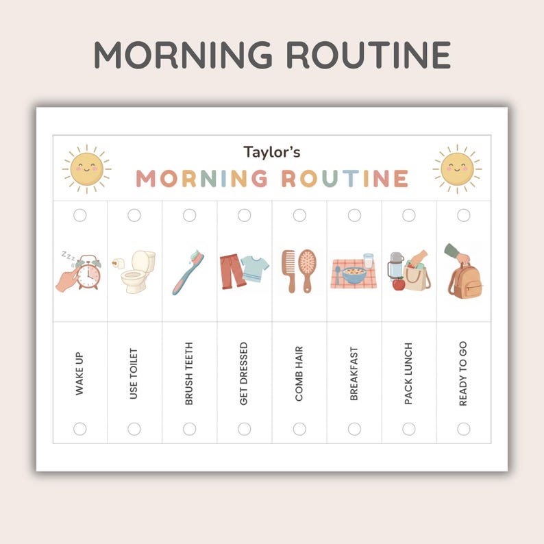 Puede incluir: Un cuadro de rutina matutina imprimible con el texto "MORNING ROUTINE" y "Taylor's MORNING ROUTINE". El cuadro incluye ilustraciones para despertar, usar el ba&ntilde;o, cepillarse los dientes, vestirse, peinarse, desayunar, preparar el almuerzo y estar listo.