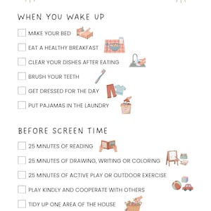 May include: A white summer rules checklist with illustrations and text. The text includes "Summer Rules", "When You Wake Up", and "Before Screen Time". The checklist includes items like "Make Your Bed" and "25 Minutes of Reading". Two smiling suns are at the top.