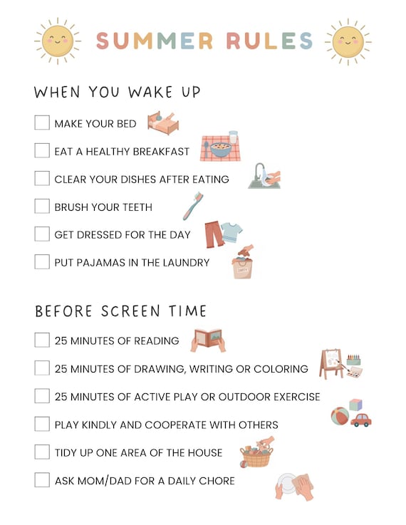 Summer Chore Chart | editable | Printable Chore Chart for Kids | Summer Checklist | routine | rules | screen time allowance | Summer Rules