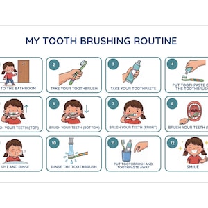 May include: An illustrated guide titled "My Tooth Brushing Routine" with 12 steps. The steps show a child brushing their teeth, from going to the bathroom to smiling. The guide includes text instructions and illustrations.