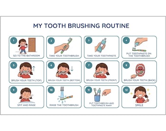 Kids Tooth Brushing Routine Chart Girl | Autism Visual Schedule | Special Needs Hygiene Chart | Toddler Routine Printable PDF