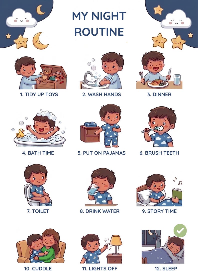 Night Routine Chart for Kids – Bedtime Visual Schedule | Autism & ADHD ...