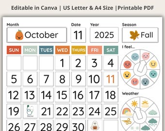 Calendario perpetuo Circle Time, calendario da parete, calendario per bambini, calendario per la classe, raccoglitore multiuso, calendario stampabile, calendario per bambini modificabile