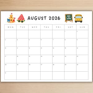 May include: A printable August 2026 calendar page featuring a grid layout with days of the week. The header displays the text AUGUST 2026, decorated with illustrations of a sandcastle, a watermelon slice with sunglasses, a chalkboard, and a school bus.