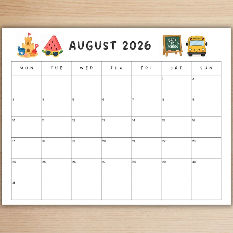 May include: A printable August 2026 calendar page featuring a grid layout with days of the week. The header displays the text AUGUST 2026, decorated with illustrations of a sandcastle, a watermelon slice with sunglasses, a chalkboard, and a school bus.