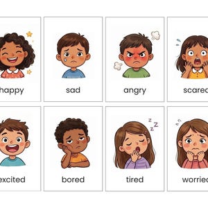 May include: Eight flashcards displaying different emotions: happy, sad, angry, scared, excited, bored, tired, and worried. Each card features a cartoon illustration of a child's face with the emotion's name below.