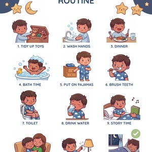 May include: A colorful illustration depicts a child's night routine. The image includes steps like tidying toys, washing hands, dinner, bath time, putting on pajamas, brushing teeth, using the toilet, drinking water, story time, cuddling, turning off lights, and sleep.
