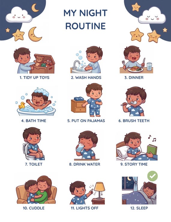 Night Routine Chart for Kids – Bedtime Visual Schedule | Autism & ADHD Friendly | Printable PDF