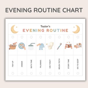 Puede incluir: Un gr&aacute;fico de rutina nocturna imprimible con el texto "EVENING ROUTINE CHART" y "EVENING ROUTINE". El gr&aacute;fico incluye ilustraciones para tareas como ordenar, cenar, ba&ntilde;arse, pijama, usar el inodoro, cepillarse los dientes, leer cuentos y dormir.