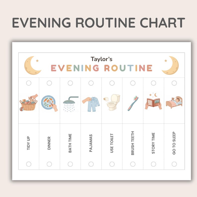 Puede incluir: Un gr&aacute;fico de rutina nocturna imprimible con el texto "EVENING ROUTINE CHART" y "EVENING ROUTINE". El gr&aacute;fico incluye ilustraciones para tareas como ordenar, cenar, ba&ntilde;arse, pijama, usar el inodoro, cepillarse los dientes, leer cuentos y dormir.
