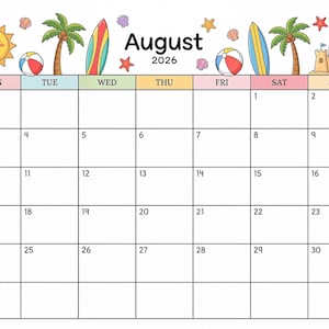 Druckbarer Kalender August 2026, Bearbeitbarer Kalender, Gelbe Sommersonne am Strand, Schulkalender, Schulkalender, Niedlicher Strandkalender