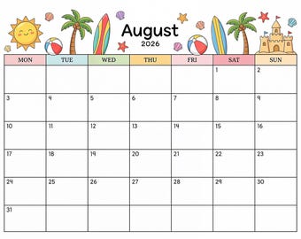 Calendario imprimible de agosto de 2026, calendario editable, sol amarillo de verano en la playa, calendario escolar, calendario para educación en casa, lindo calendario playero