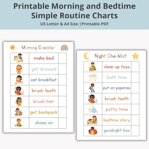 Può includere: Grafici di routine semplici stampabili per la mattina e la nanna. I grafici includono una lista di controllo del mattino e una lista di controllo della notte. La lista di controllo del mattino include attività come rifare il letto, vestirsi e fare colazione. La lista di controllo della notte include attività come riordinare i giocattoli e lavarsi i denti.