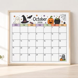 Peut inclure: Une page de calendrier encadr&eacute;e pour octobre 2026 avec des illustrations d'Halloween comprenant un fant&ocirc;me blanc, un chapeau de sorci&egrave;re noir, une chauve-souris, une citrouille orange, un chaudron noir, une toile d'araign&eacute;e et une pierre tombale grise avec le texte RIP.