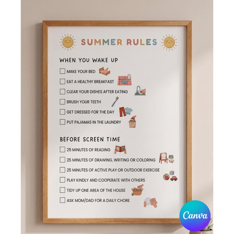 May include: A framed poster with a wooden frame featuring the text "SUMMER RULES" and a list of activities for children. The list includes tasks like making the bed, eating breakfast, and reading. The poster has colorful illustrations.