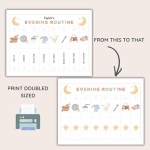 Puede incluir: Un gr&aacute;fico de rutina nocturna imprimible con el texto "Taylor's Evening Routine". El gr&aacute;fico incluye ilustraciones para tareas como ordenar, cenar, la hora del ba&ntilde;o, el pijama, usar el inodoro, cepillarse los dientes, la hora del cuento y dormir. La imagen tambi&eacute;n muestra una impresora.