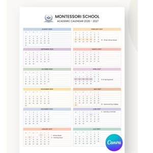 May include: A Montessori School academic calendar for 2026-2027 featuring a grid layout for each month from August 2026 to July 2027. The document includes lined sections for notes, highlighted holiday dates, and a small logo at the top center.