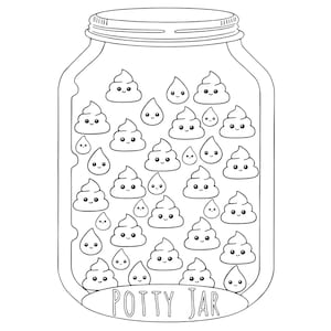 Könnte beinhalten: Schwarz-Weiß-Illustration einer Töpfchentrainingskarte. Das Glas ist mit lächelnden Kot- und Tränengrafiken gefüllt. Der Text "YOU CAN DO IT!" steht oben, mit Platz für einen Namen und eine Belohnung unten.