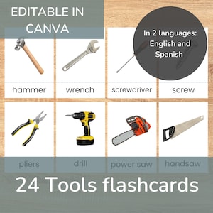 Tools  Flash cards, Montessori Flashcards, Real pictures, Preschool Flash cards in English and Spanish, PDF Printable cards, homeschool