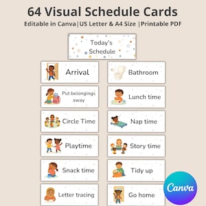 May include: A collection of 64 visual schedule cards for children, featuring illustrations for various activities. The cards include labels such as "Arrival," "Bathroom," "Lunch time," and "Story time." The text "Today's Schedule" is at the top. Printable PDF, editable in Canva.