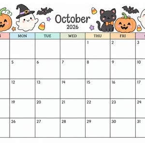 Puede incluir: Una página de calendario mensual para octubre de 2026 con un diseño de cuadrícula y encabezados para los días de la semana. El borde superior está decorado con ilustraciones de calabazas naranjas, un gato negro, fantasmas y murciélagos.