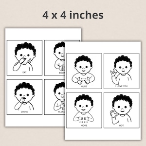 May include: Two 4 x 4 inch white cards with black line drawings of a child demonstrating sign language. The cards show signs for "eat", "book", "drink", "please", "hurt", "I love you", "more", and "hot".