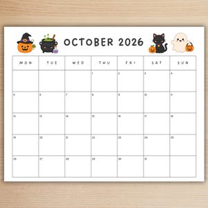 May include: A monthly calendar page for October 2026 featuring a white background with black grid lines. The header displays the text OCTOBER 2026 surrounded by illustrations of a jack-o'-lantern, a black cauldron, a black cat, and a ghost.