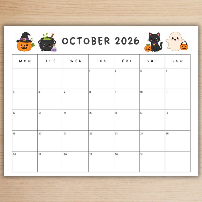 May include: A monthly calendar page for October 2026 featuring a white background with black grid lines. The header displays the text OCTOBER 2026 surrounded by illustrations of a jack-o'-lantern, a black cauldron, a black cat, and a ghost.