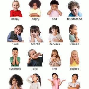 May include: A chart titled How Are You Feeling Today? featuring sixteen individual photographs of children displaying various emotions, each labelled with the corresponding word: happy, angry, sad, frustrated, tired, scared, nervous, worried, surprised, silly, shy, excited, bored, disgusted, confused, and proud.