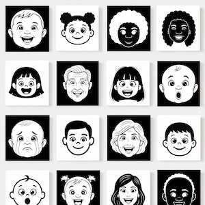 May include: A collection of sixteen black and white illustrations of smiling faces. The faces represent a diverse range of ages and ethnicities, including babies, children, and adults. Each face is set against a square background.