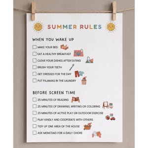 May include: A white poster with the text "SUMMER RULES" and illustrations. The poster includes a checklist with tasks like "Make your bed," "Eat a healthy breakfast," and "25 minutes of reading."