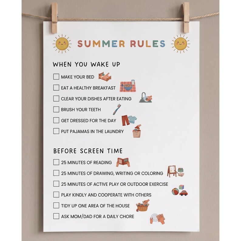 May include: A white poster with the text "SUMMER RULES" and illustrations. The poster includes a checklist with tasks like "Make your bed," "Eat a healthy breakfast," and "25 minutes of reading."
