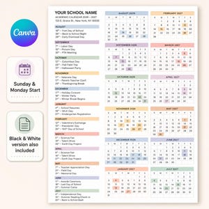 2026–2027 School Year Calendar Template, Editable Canva Flyer (Digital Download)