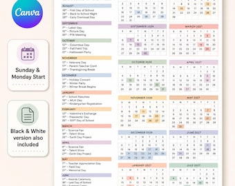 Modèle de calendrier scolaire 2026-2027, flyer Canva modifiable (téléchargement numérique)