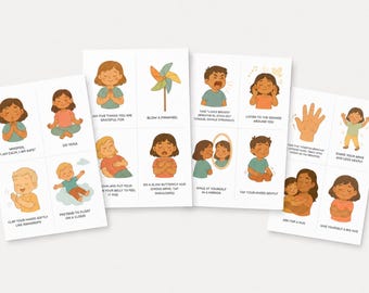 Peut inclure: Un ensemble de cartes éducatives présentant des illustrations colorées d'enfants effectuant diverses activités de pleine conscience et de calme. Chaque carte inclut un texte descriptif comme 'Do Yoga', 'Blow a Pinwheel' et 'Give Yourself a Big Hug'.