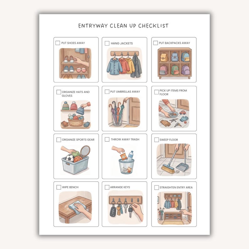 May include: An Entryway Clean Up Checklist printed on white paper featuring twelve illustrated squares with checkboxes. Each square depicts household tasks like putting shoes away, hanging jackets, organising gear, and cleaning the floor area.