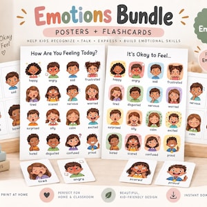 May include: Emotions Bundle posters and flashcards featuring 16 illustrated characters displaying various feelings with labels like happy, angry, sad, and frustrated. The set includes two large charts titled How Are You Feeling Today and It's Okay to Feel.