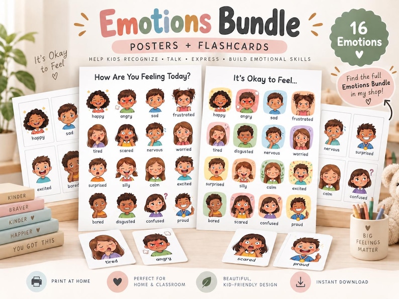 May include: Emotions Bundle posters and flashcards featuring 16 illustrated characters displaying various feelings with labels like happy, angry, sad, and frustrated. The set includes two large charts titled How Are You Feeling Today and It's Okay to Feel.