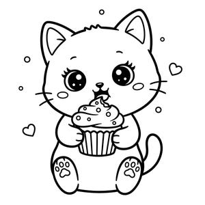 Puede incluir: Ilustración de dibujos animados en blanco y negro de un lindo gato sosteniendo una magdalena. El gato tiene ojos grandes, bigotes y está rodeado de corazones y círculos.