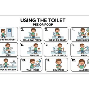 May include: A white rectangular sign with the text "USING THE TOILET PEE OR POOP" and illustrated steps for using the toilet. The steps include going to the toilet, pulling down trousers, sitting, and flushing.