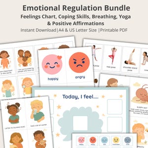 May include: A bundle of printable educational materials for emotional regulation. The bundle includes feelings charts, coping skills, breathing exercises, yoga poses, and positive affirmations. The materials feature illustrations of children and emotions, with the text "Emotional Regulation Bundle".